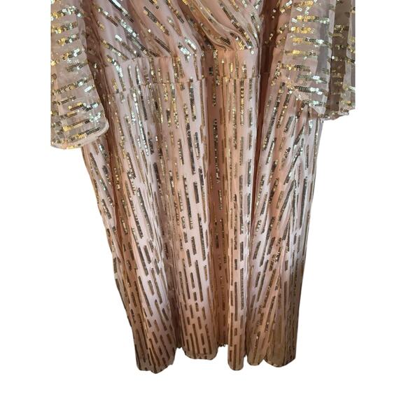 Roamans Women’s Gold Sequin Maxi Dress Blush Pink Chiffon Size 42W V Neck Event - Picture 3 of 11
